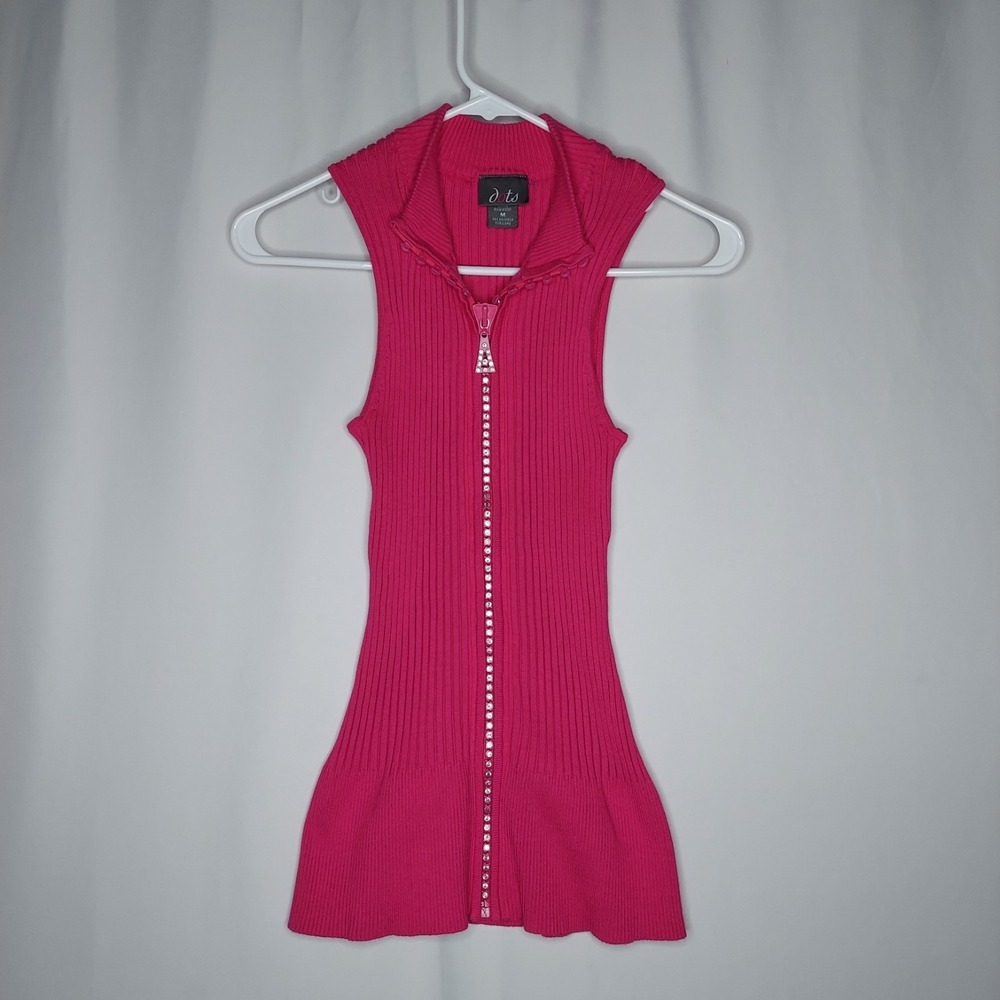 Dots Y2K Rib Knit Tank Medium Pink Stretch Diamond Sequin Zip‎ Collar Going-Out
